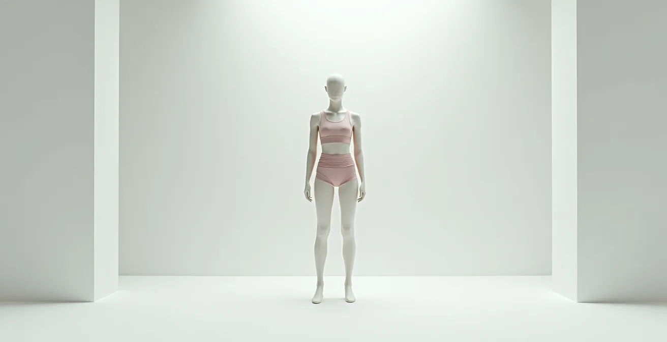 Silhouette féminine montrant différentes zones ciblées par vêtements drainants (legging, ceinture, cycliste)