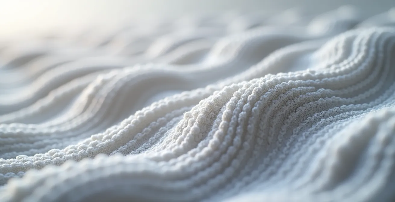 Gros plan détail tissu 3D avec reliefs ondulés massant la peau, texture tricotage professionnel